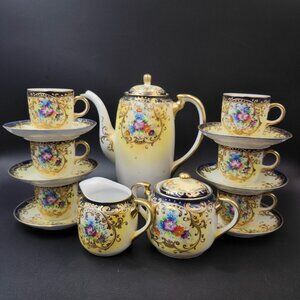 Vintage Porcelain Tea Set Handpainted w Heavy Gold Accents